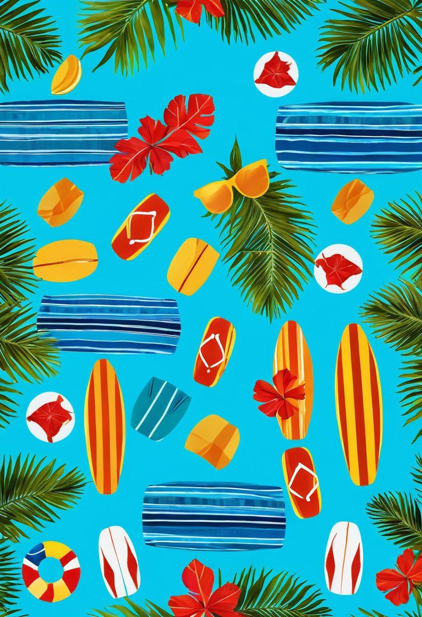A colorful, sunlit beach scene filled with diverse individuals flaunting the latest swimwear styles, varying from bikinis to one-pieces in vibrant and playful patterns. A backdrop of clear turquoise waters and palm trees swaying gently in the breeze adds to the tropical vibe, while beach accessories like sunglasses and sun hats accentuate the atmosphere. Include playful beach elements like surfboards and beach towels scattered around, evoking a sense of relaxation and fun. vibrant colors. tropical theme. super-realistic.